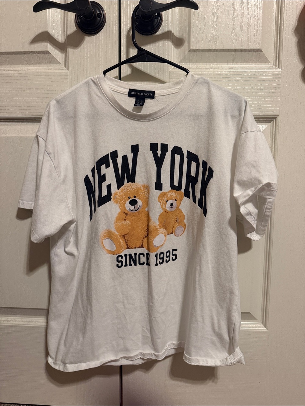 Streetwear Society White Tee with Tan Teddy Bear 'New York' Graphic